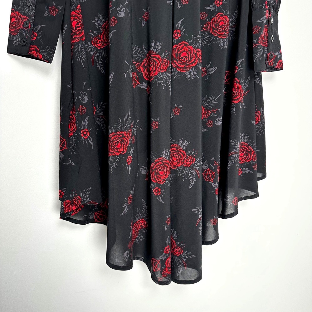 Killstar Red Rose Skull Pentagram High Low Midi Dress Pandora Shirt Dress L - Picture 8 of 11